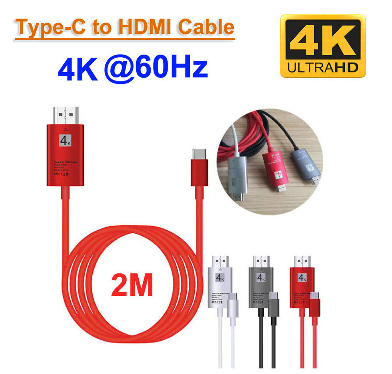 Premium 2M USB-C USB Type-C Thunderbolt3 to HDMI Adapter Cable 4K 60Hz Cord UltraHD Audio Video Netflix for Samsung Galaxy S25+ Ultra S25 S24 S23 S22 S21 S20 5G