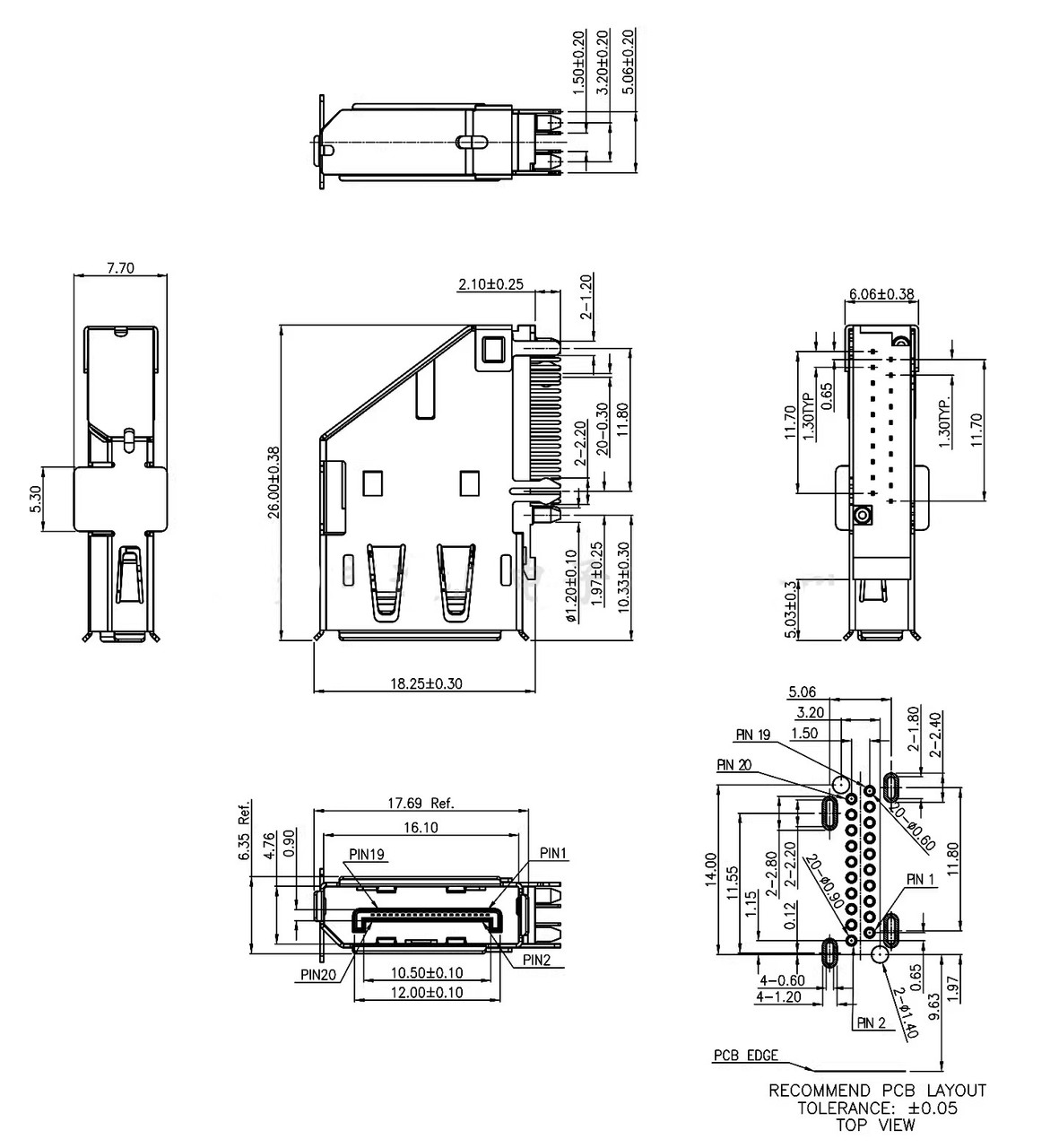 2x Displayport DP Socket 20P Female Upright Connector Display Port 90° DIP 4K 20Pin