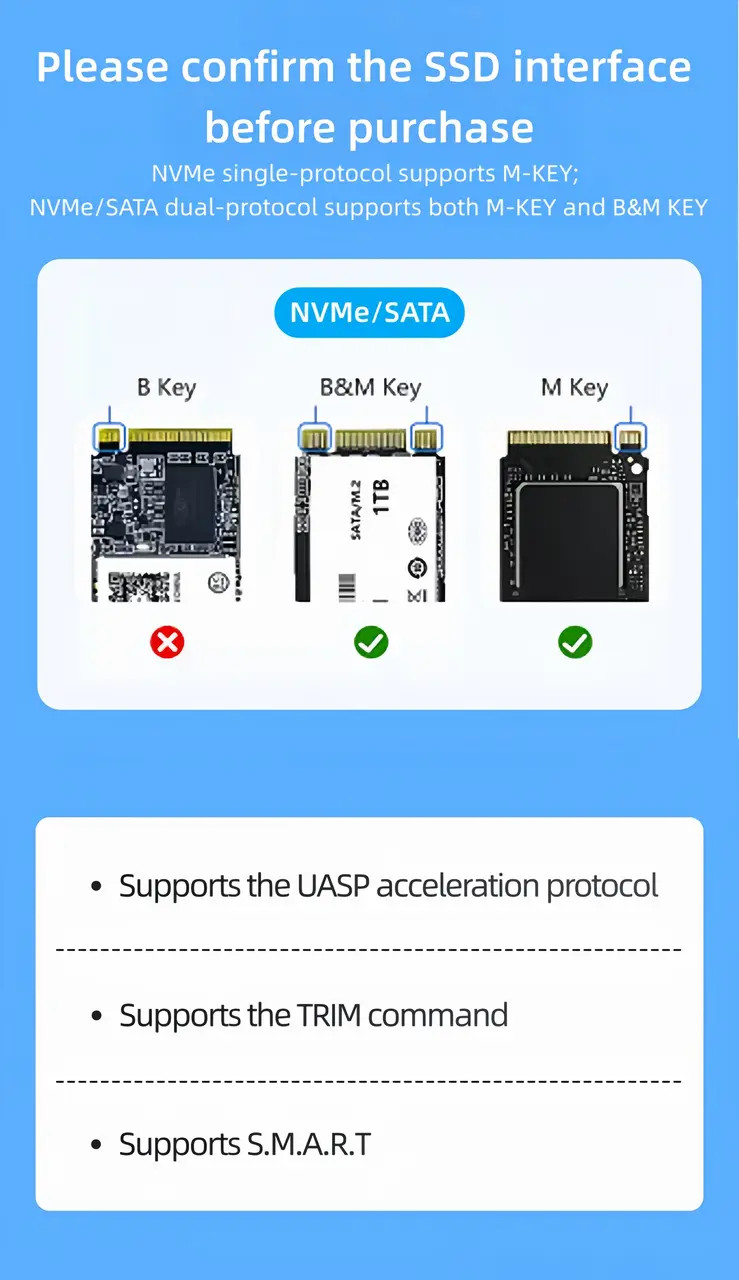 M.2 NVMe SATA SSD Enclosure Case 10Gbps USB-C 3.2 USB Type-C Gen 2 Dual Protocol Reader Premium Metal