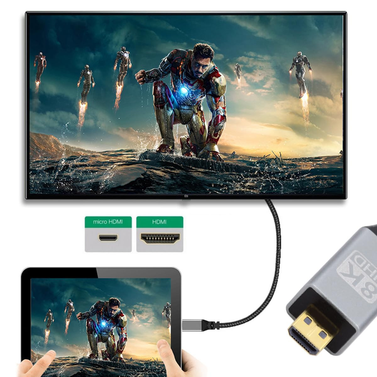 Micro HDMI to HDMI V2.1 Adapter Cable Audio Video 8K 60Hz UltraHD HDTV Cord