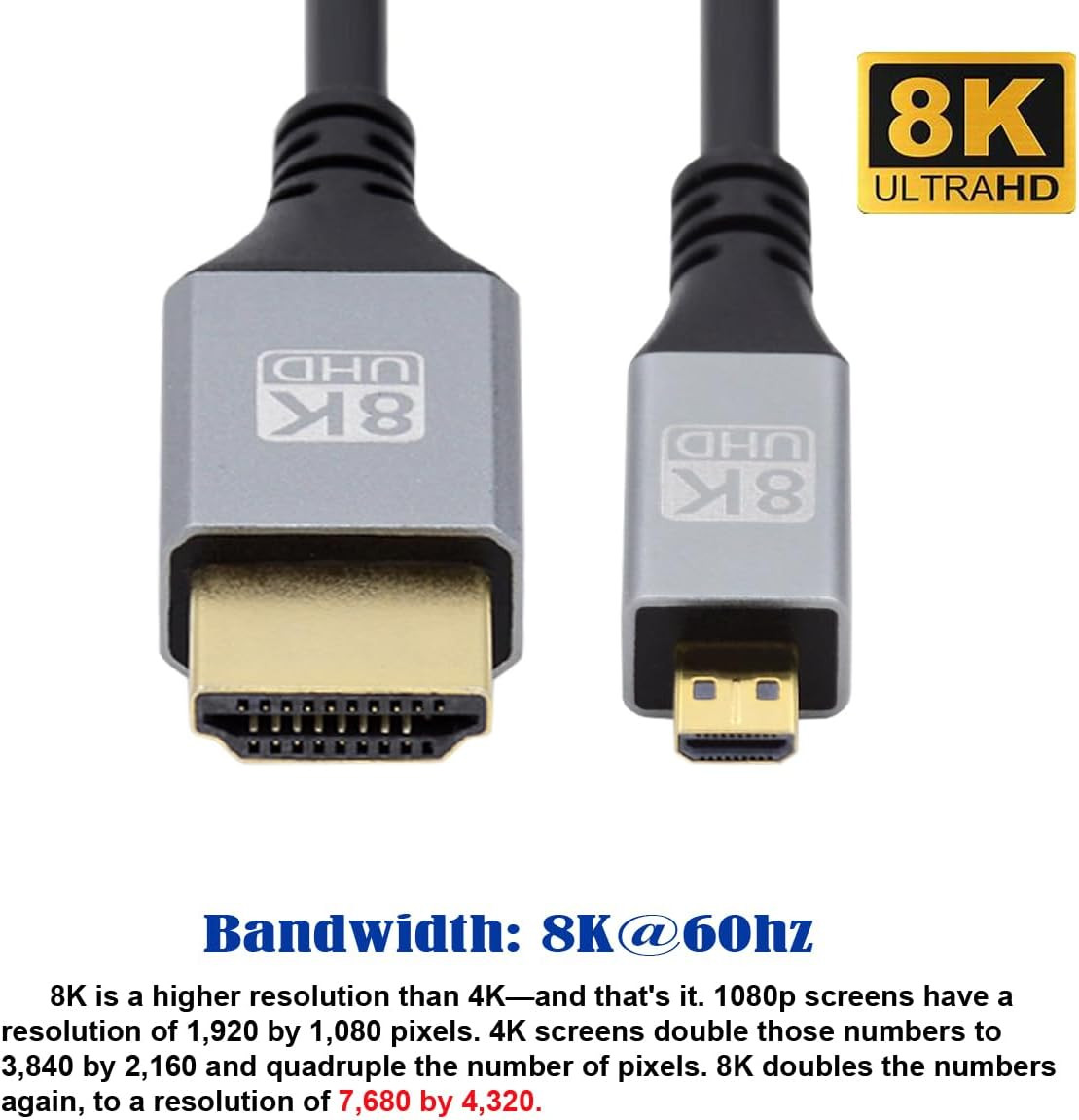 Micro HDMI to HDMI V2.1 Adapter Cable Audio Video 8K 60Hz UltraHD HDTV Cord