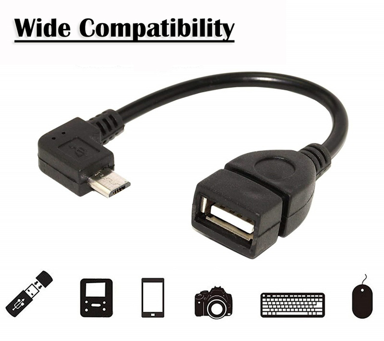 90° Degree Left Angled Micro USB OTG (On-The-Go) Adapter Cable Elbow Long Plug USB Hosting Connection Cord Black For Tablet Mobile Phone