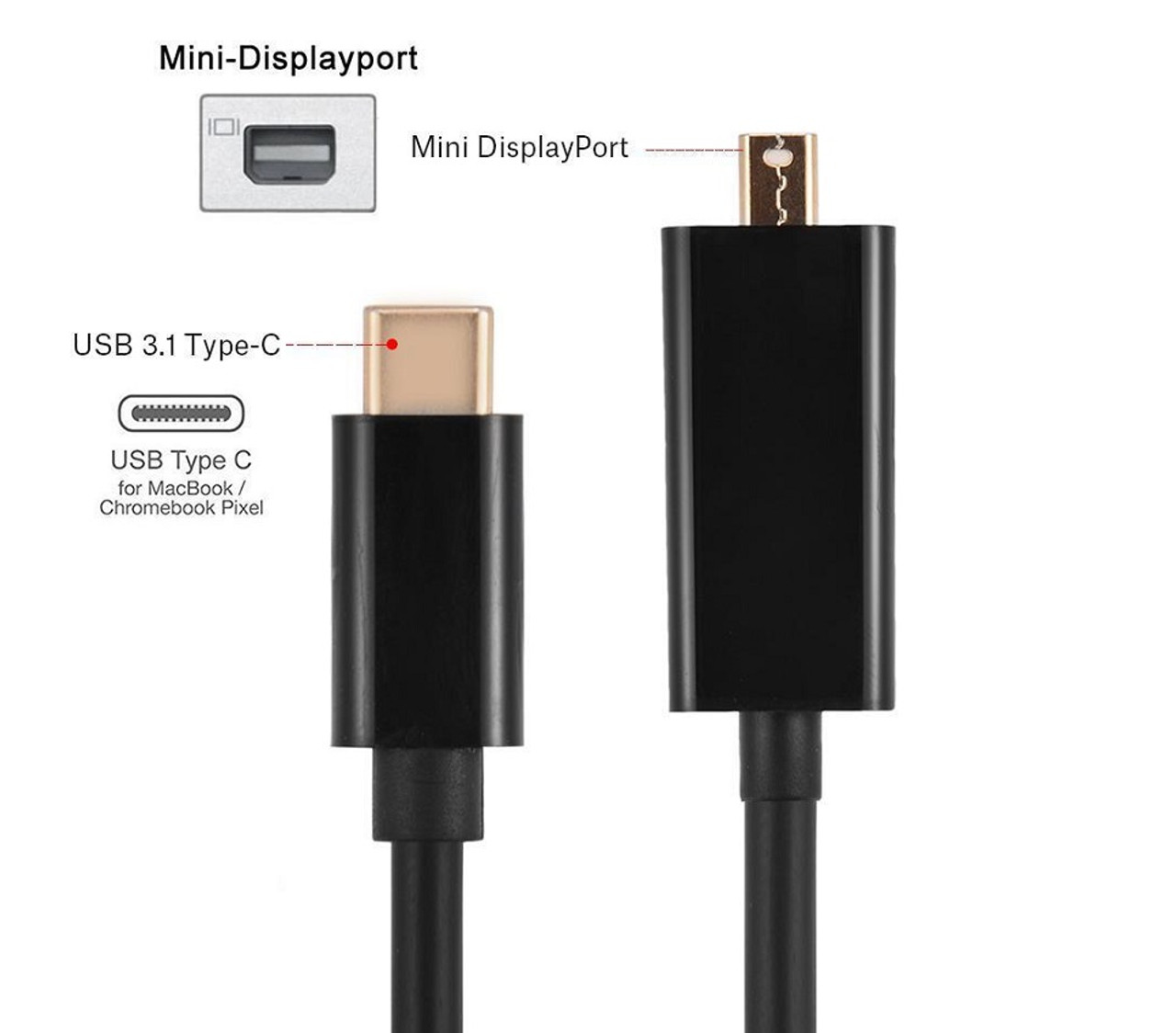 USB 3.1 Type-C Male to Mini DisplayPort Male Adapter Cable 4K 60Hz USB-C Thurderbolt 3 Display Converter Cord 1.8M