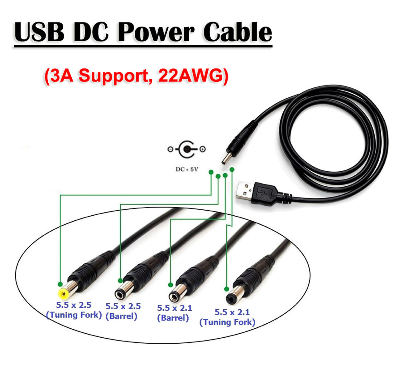 USB Type-A Male to 5.5mm 2.5mm 2.0mm 3.5mm 4.0mm Adapter Cable 5V DC Power Supply Cord Barrel Tuning Fork Jack Connector