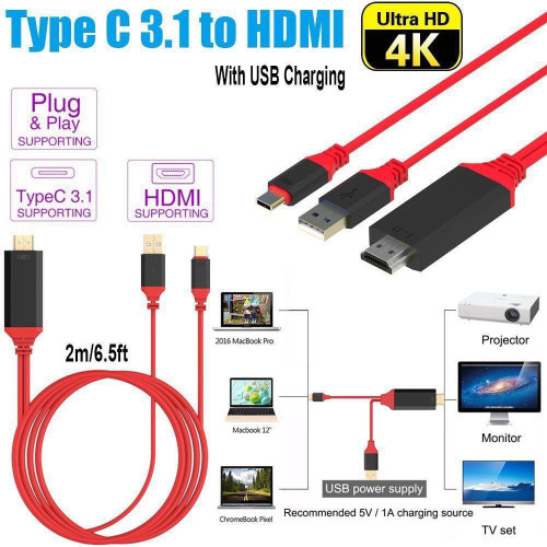 USB 3.1 Type-C USB-C Thunderbolt3 to HDMI Adapter Cable Cord 4K 30Hz HD Audio Video AV With USB Power Supply