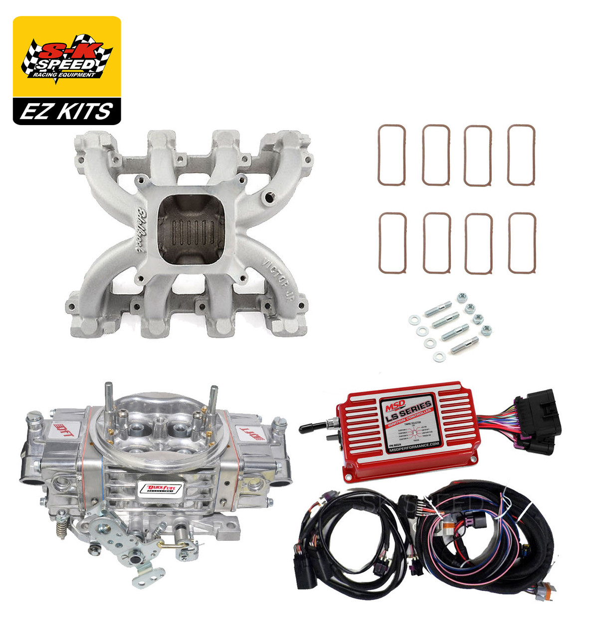 LS1 Carb Intake Kit Edelbrock VictorJr Intake/MSD 6014 Ignition/Quickfuel SQ-850