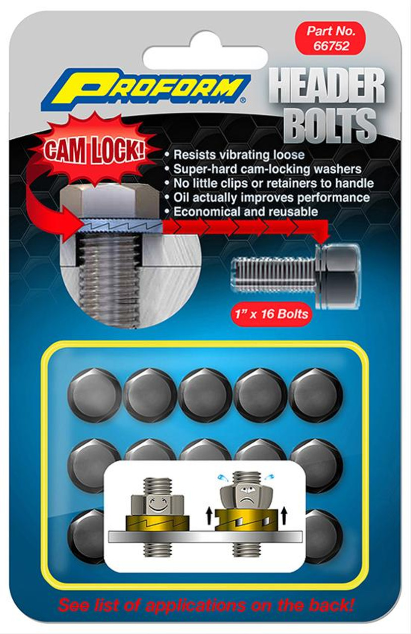 Proform 66752 Locking Header Bolts - Set of 16 - .750" L - 3/8"-16 GM/Ford/Mopar