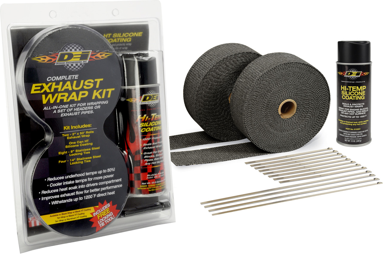 DEI 010094 Black Exhaust Wrap Kit Includes 2 Black 2" x 50' rolls, Black HT Silicone coating, ties and free locking tool