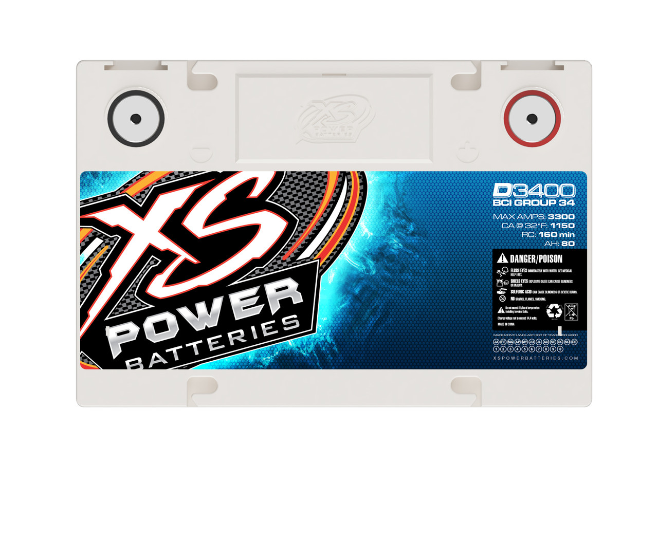 XS Power D3400 12V BCI Group 34 AGM Battery, Max Amps 3,300A, CA: 1150 Ah: 80