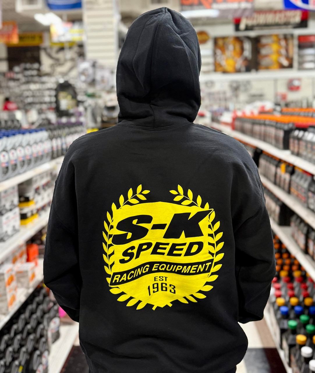 SK Speed Racing Shield Logo Hoodie - Black with Yellow Logo - MEDIUM