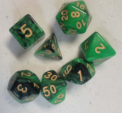 Green Black Acrylic 7 piece Polyhedral dice set