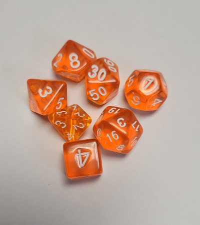 Orange Transparent Acrylic 7 piece Polyhedral dice set