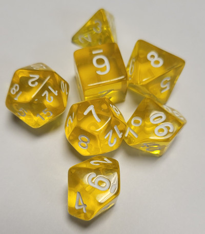 Yellow Transparent Acrylic 7 piece Polyhedral dice set