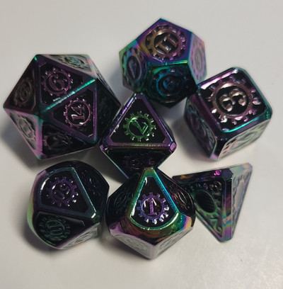Steampunk Rainbow Metal Dice 7 piece Polyhedral dice set T1