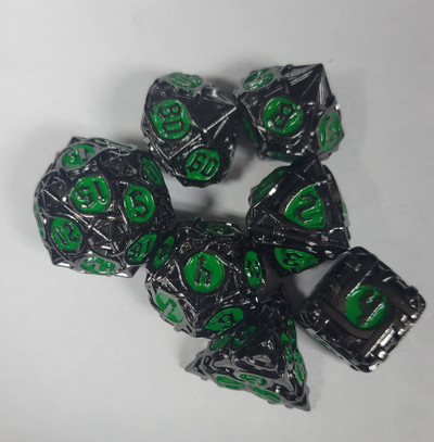 Rope Design Black Green Metal Dice 7 piece Polyhedral dice set R3