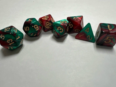 Runefused 7 Piece Acrylic Dice Set – Green & Red