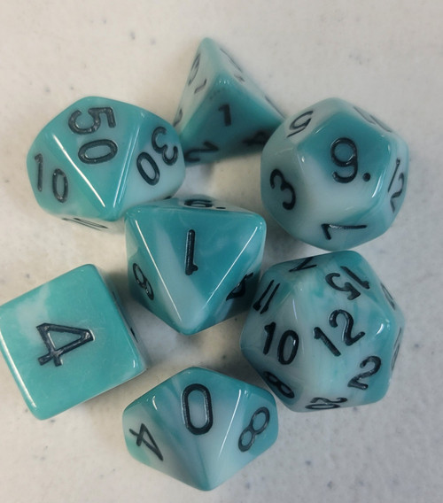 Teal White Acrylic 7 piece Polyhedral dice set