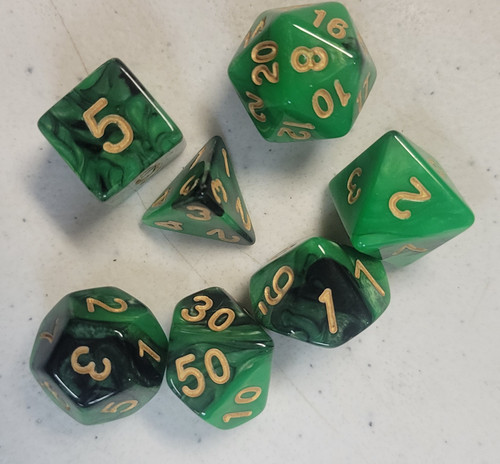 Green Black Acrylic 7 piece Polyhedral dice set