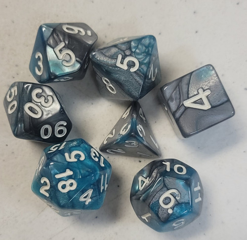 Blue Silver Acrylic 7 piece Polyhedral dice set
