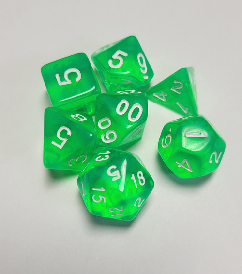 Lime Green Transparent Acrylic 7 piece Polyhedral dice set