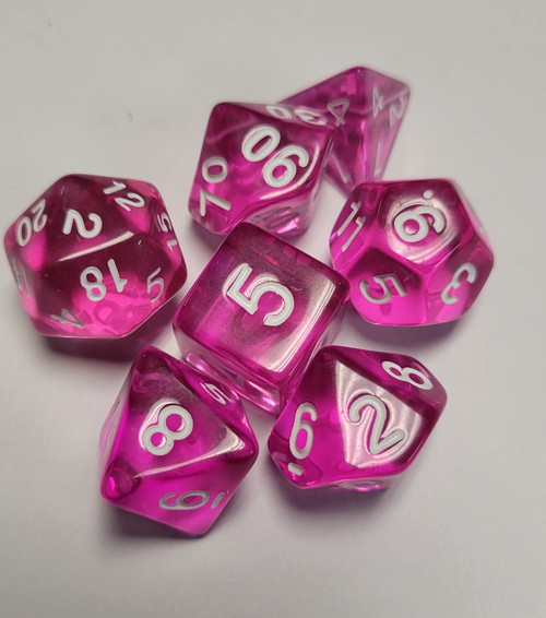 Pink Transparent Acrylic 7 piece Polyhedral dice set