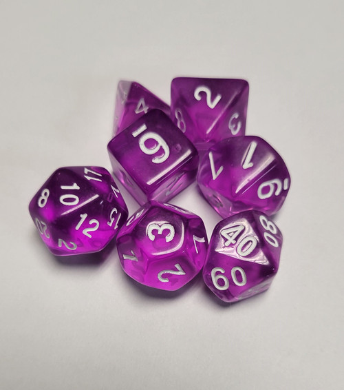Purple Transparent Acrylic 7 piece Polyhedral dice set