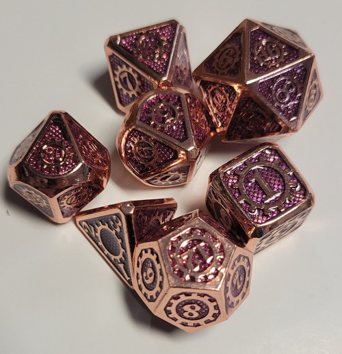 Steampunk Copper Purple Metal Dice 7 piece Polyhedral dice set T2