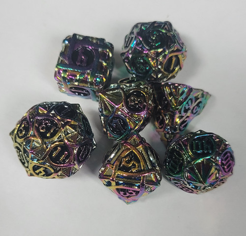 Rope Design Rainbow Black Metal Dice 7 piece Polyhedral dice set Q1