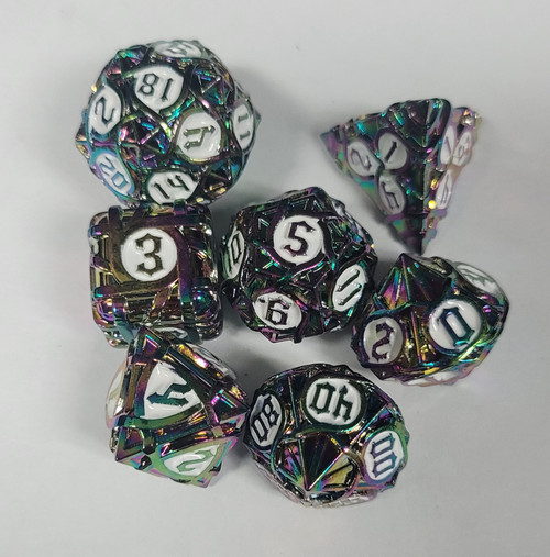 Rope Design Rainbow White Metal Dice 7 piece Polyhedral dice set Q3