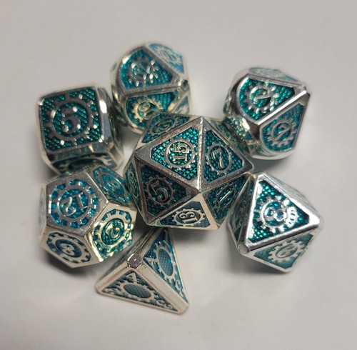 Steampunk Silver/Teal Metal Dice 7 piece Polyhedral dice set P3
