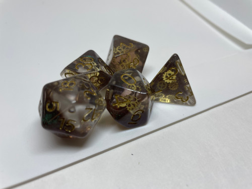 Ancient Steampunk Gears Resin 7 Dice Set