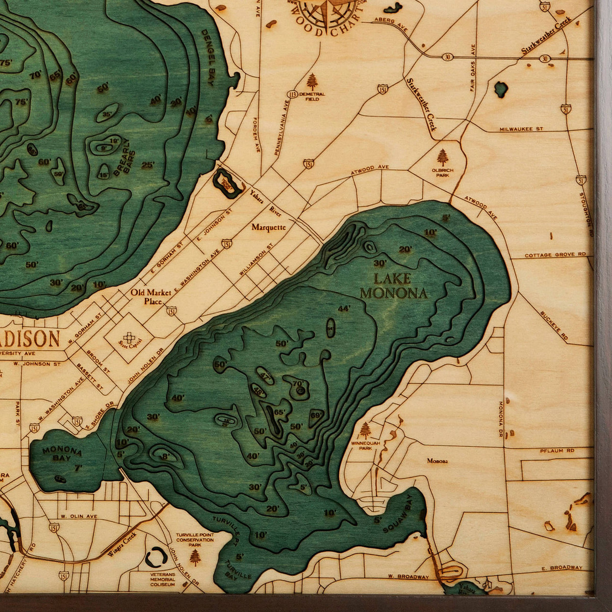 Lake Mendota Lake Monona Wooden Map Art Topographic 3D Chart