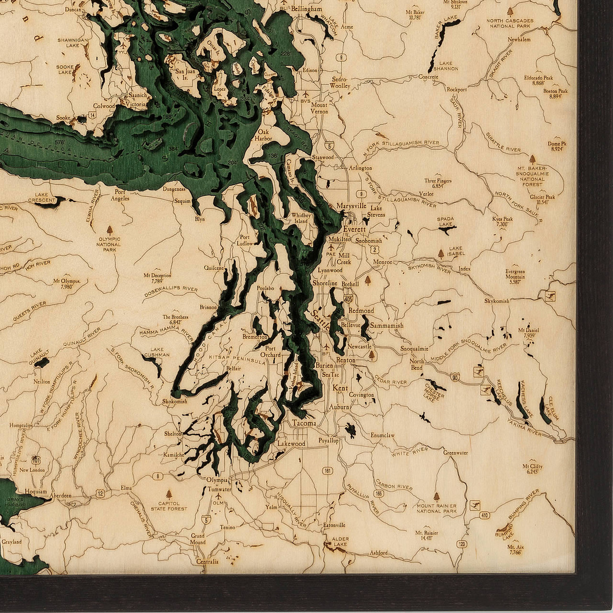 Salish Sea Wooden Map Art | Topographic 3D Chart