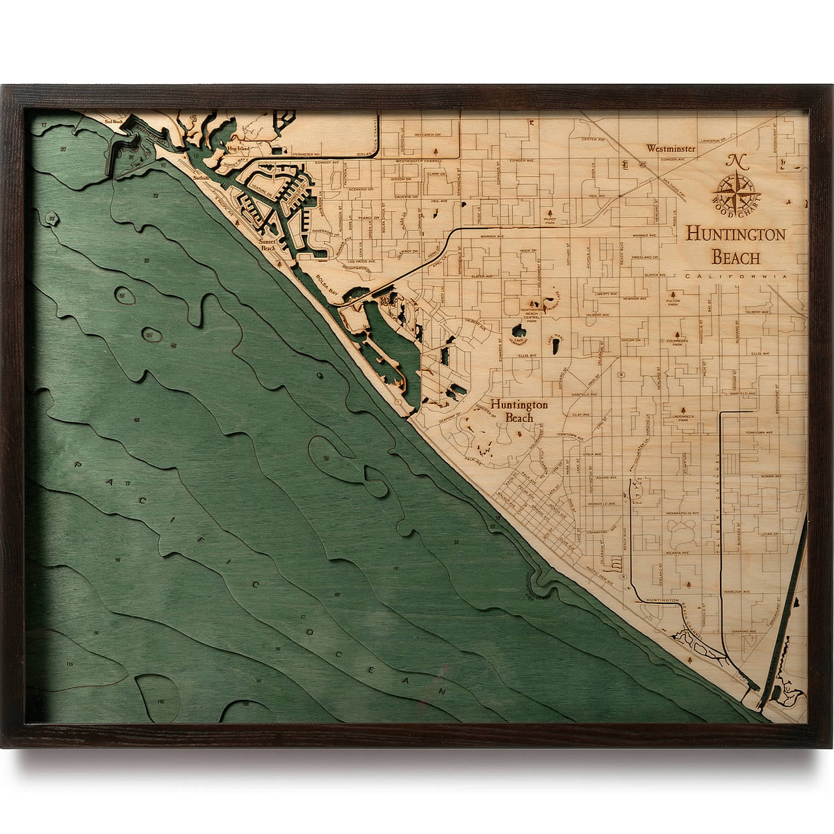 Huntington Beach Wooden Map Art Topographic 3D Chart
