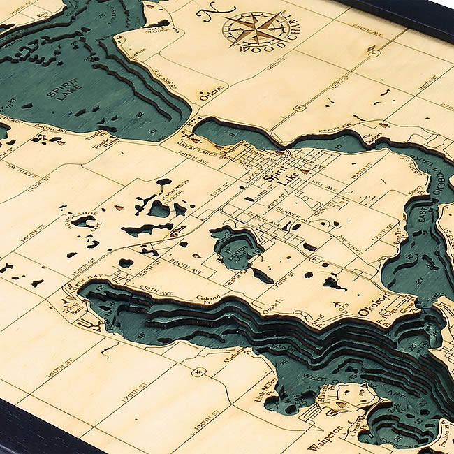 Lake Okoboji / Spirit Lake Wooden Map Art Topographic 3D Chart