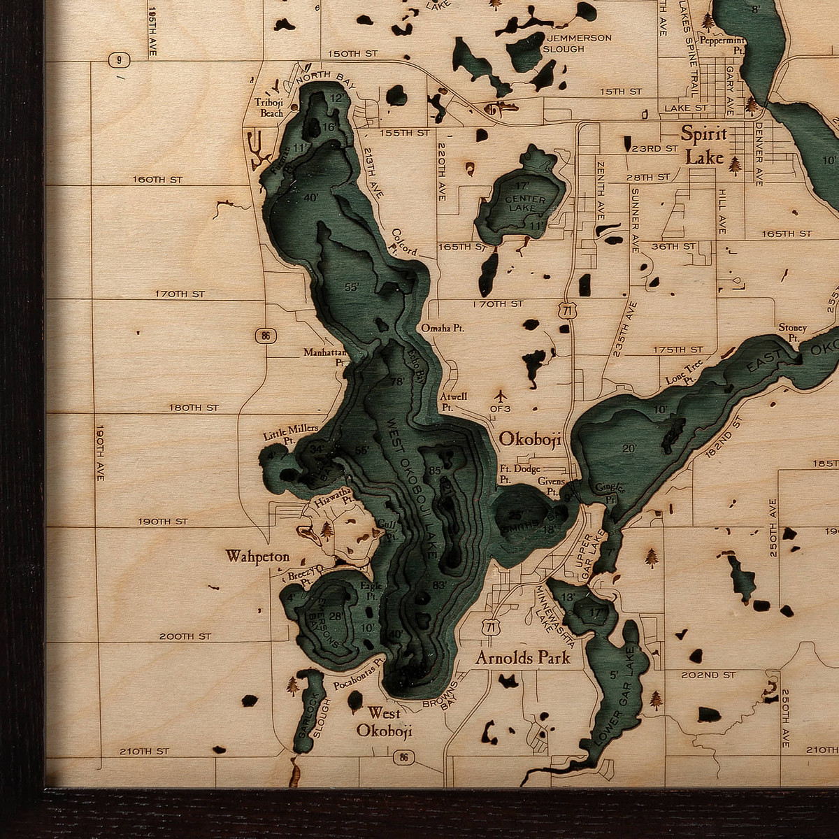 Lake Okoboji / Spirit Lake Wooden Map Art Topographic 3D Chart
