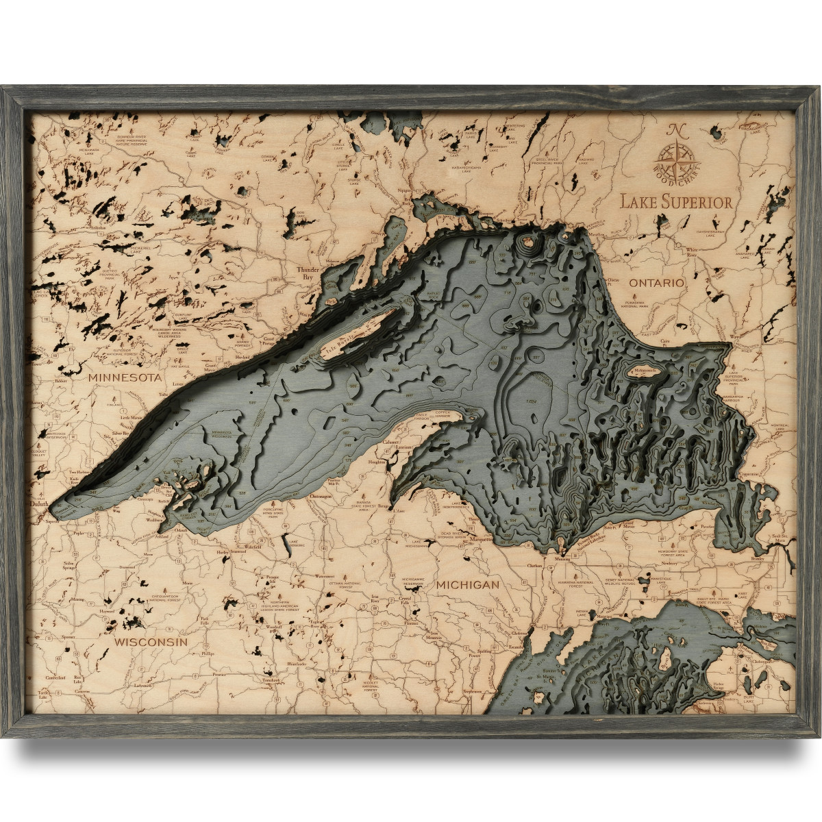 Lake Superior | Grey Frame | Topographic 3D Chart