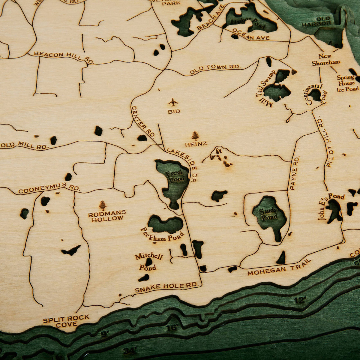 Block Island Wooden Map Art | Topographic 3D Chart