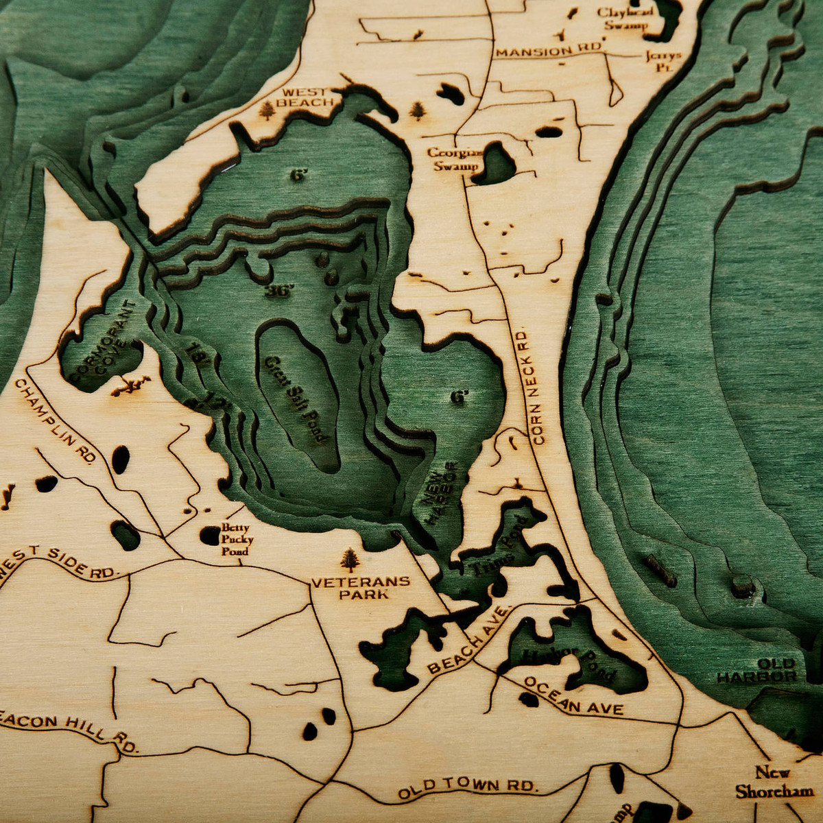 Block Island Wooden Map Art | Topographic 3D Chart
