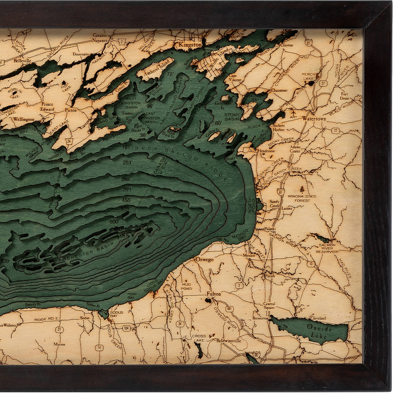 Lake Ontario Wooden Map Art | Topographic 3D Chart