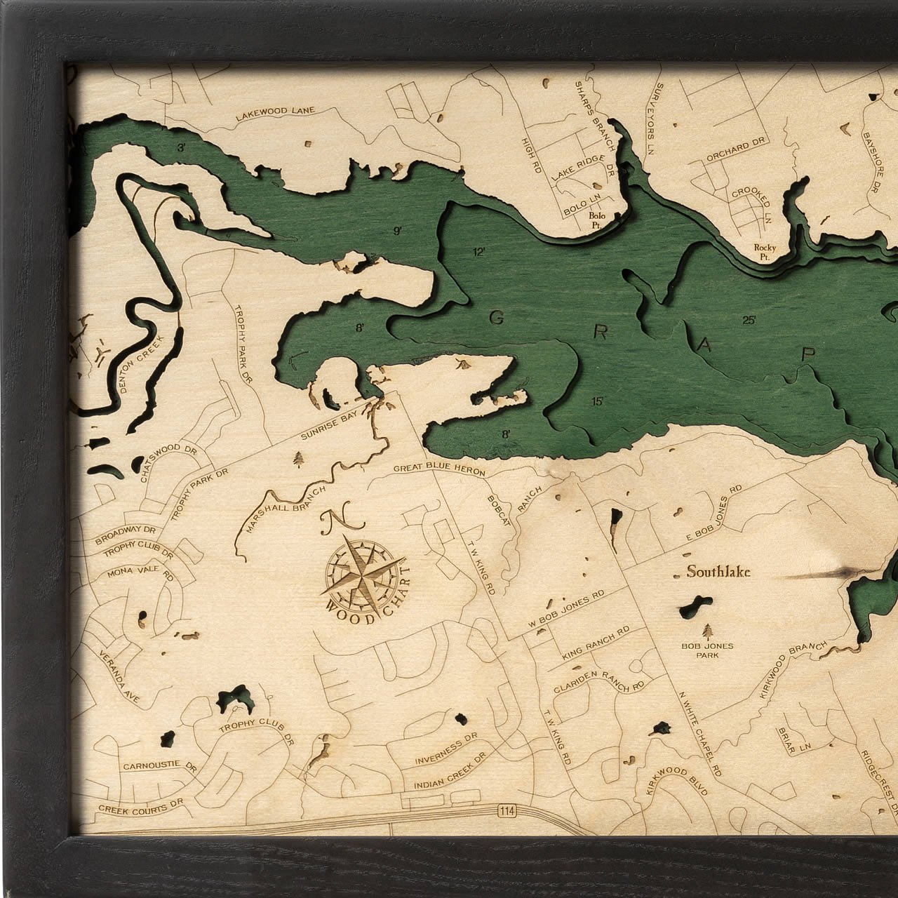 Carte Topographique Sculptée Sur Bois – Grapevine Lake, Texas, Neuve