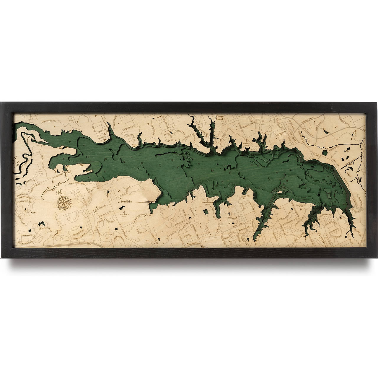 Carte Topographique Sculptée Sur Bois – Grapevine Lake, Texas, Neuve
