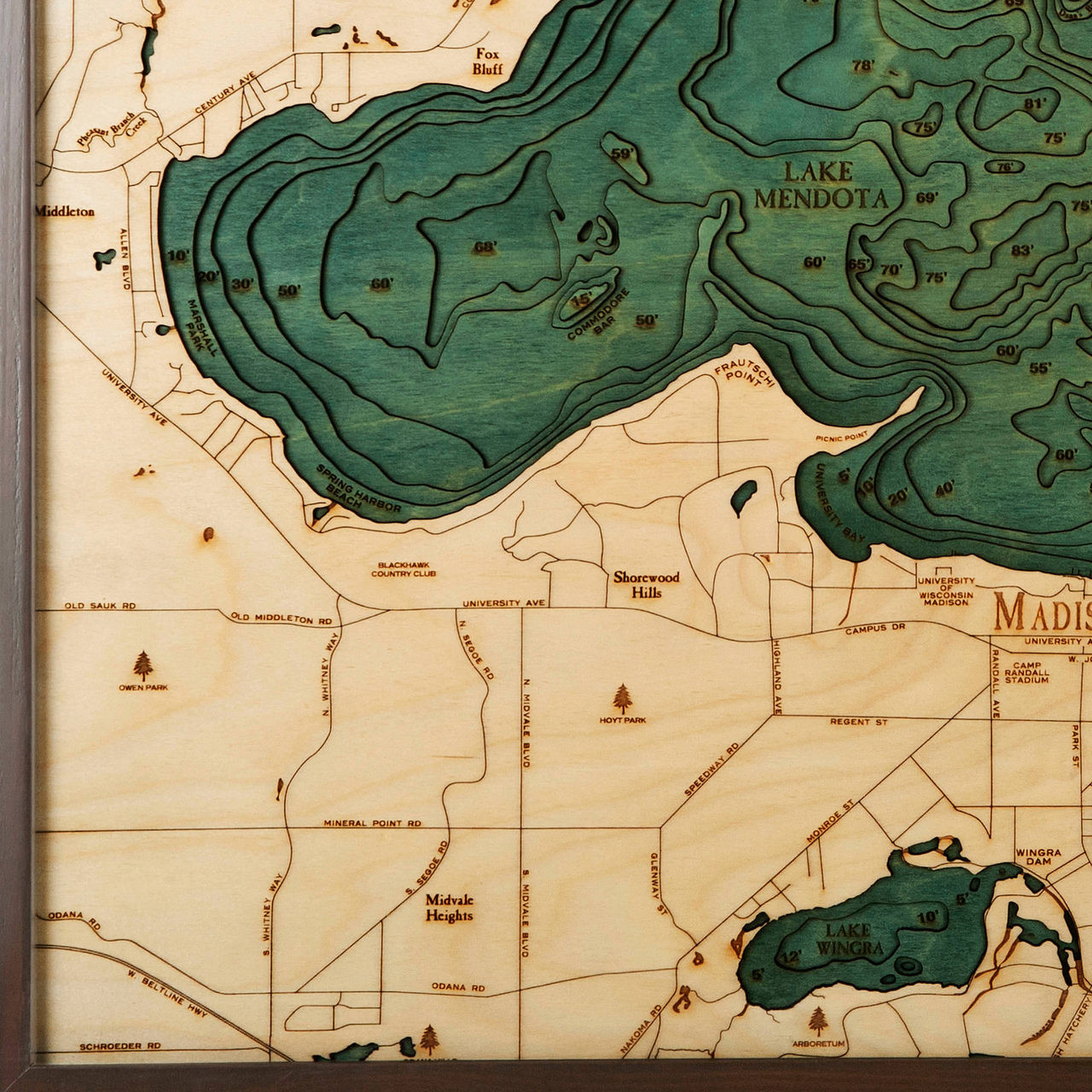 Lake Mendota Lake Monona Wooden Map Art Topographic 3D Chart