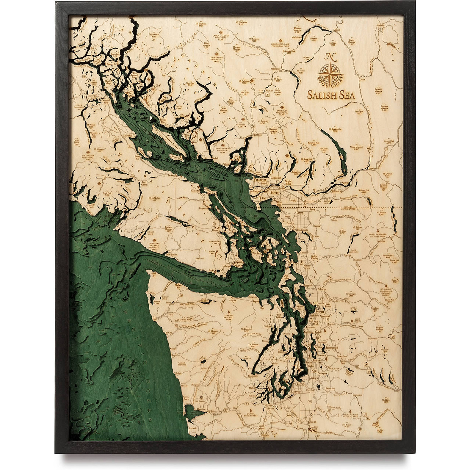 Salish Sea Wooden Map Art | Topographic 3D Chart