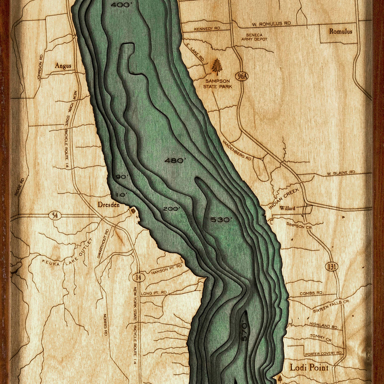 Seneca Lake Wooden Map Art Topographic 3D Chart