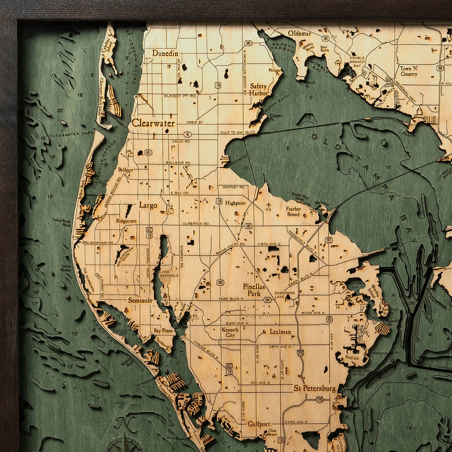 Tampa Bay Wooden Map Art | Topographic 3D Chart