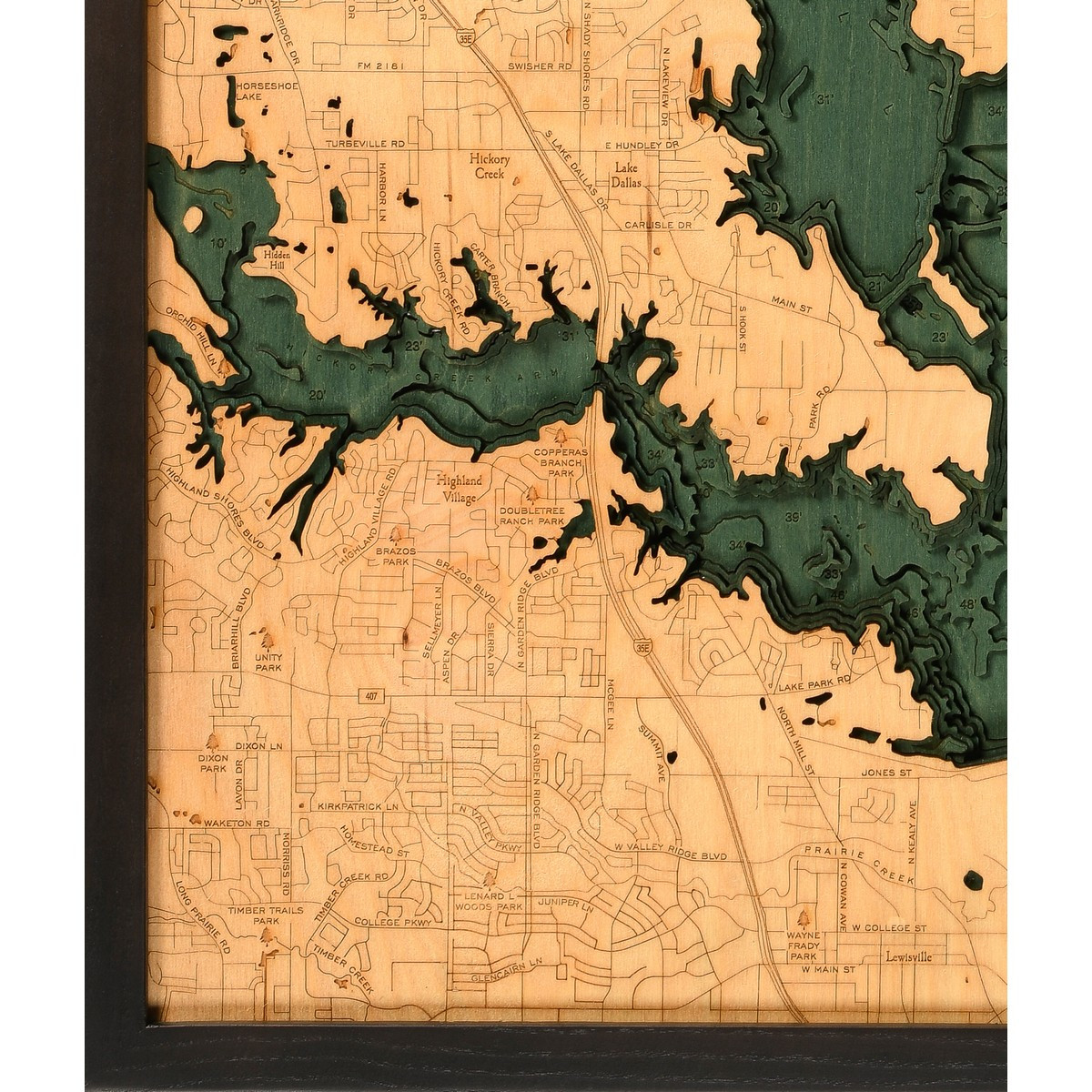 Lewisville Lake TX Wooden Map Art Topographic 3D Chart