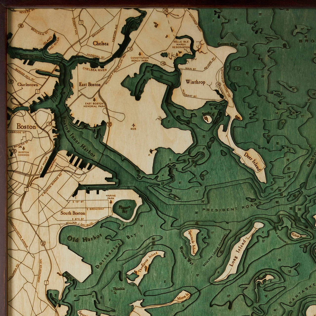 Boston Harbor Wooden Map Art Topographic 3D Chart