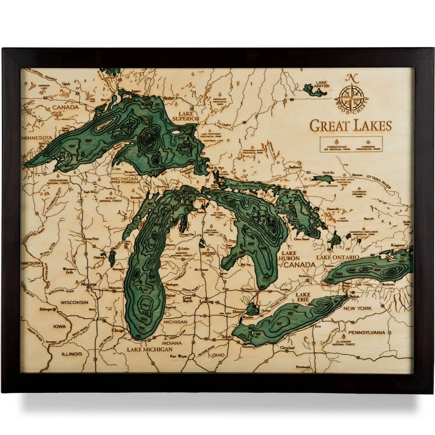 The Great Lakes - Sm Wooden Map Art | Topographic 3D Chart