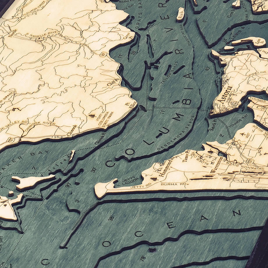 Columbia River Mouth Wooden Map Art | Topographic 3D Chart